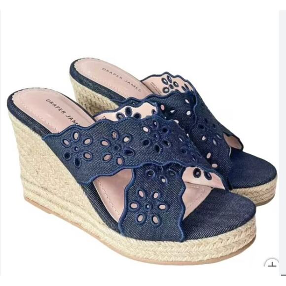 Draper James Emily Eyelet Blue Denim Walkable Wedge Sandals Size 9 NWB - Picture 10 of 10